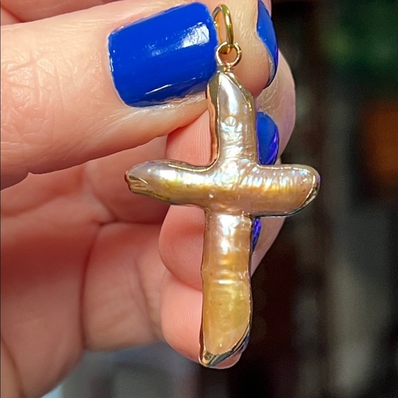 None Jewelry - Gold Dipped Christian Religious Baroque Pearl Cross Necklace Charm Pendant